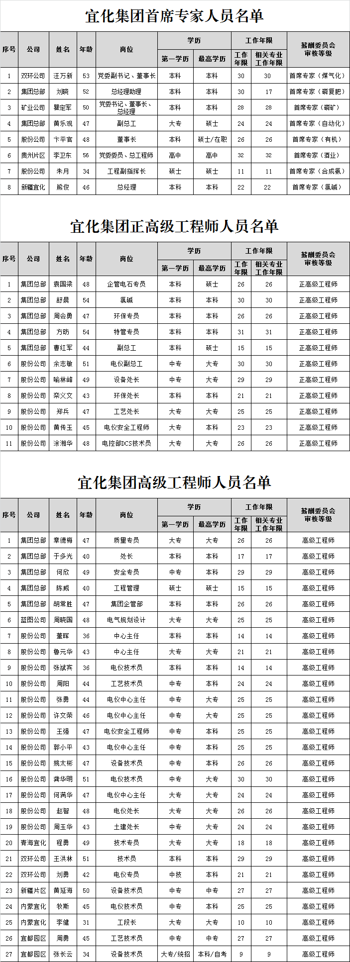 宜化集團(tuán)首席專家、正高級工程師、高級工程師評審結(jié)果公示